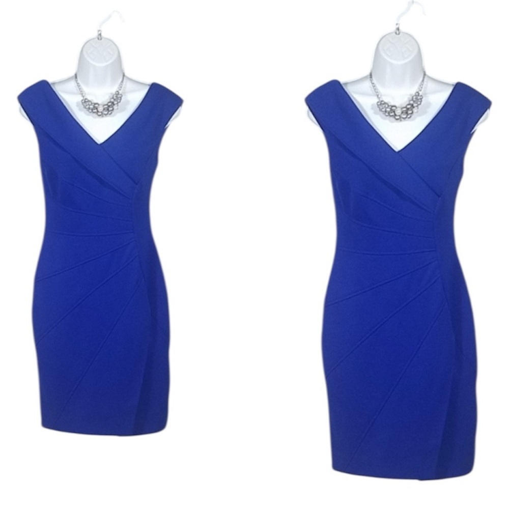 Maggy London Blue Sheath Dress Double V Neck Sleeveless Excellent Size 4 - Picture 2 of 9